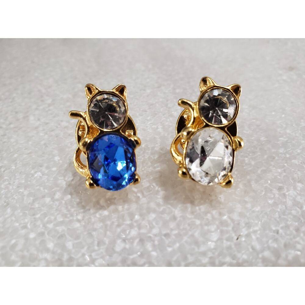 Vintage Avon Pin Tack Kitty Cat Gold Tone Clear Rhinestones .75" Blue